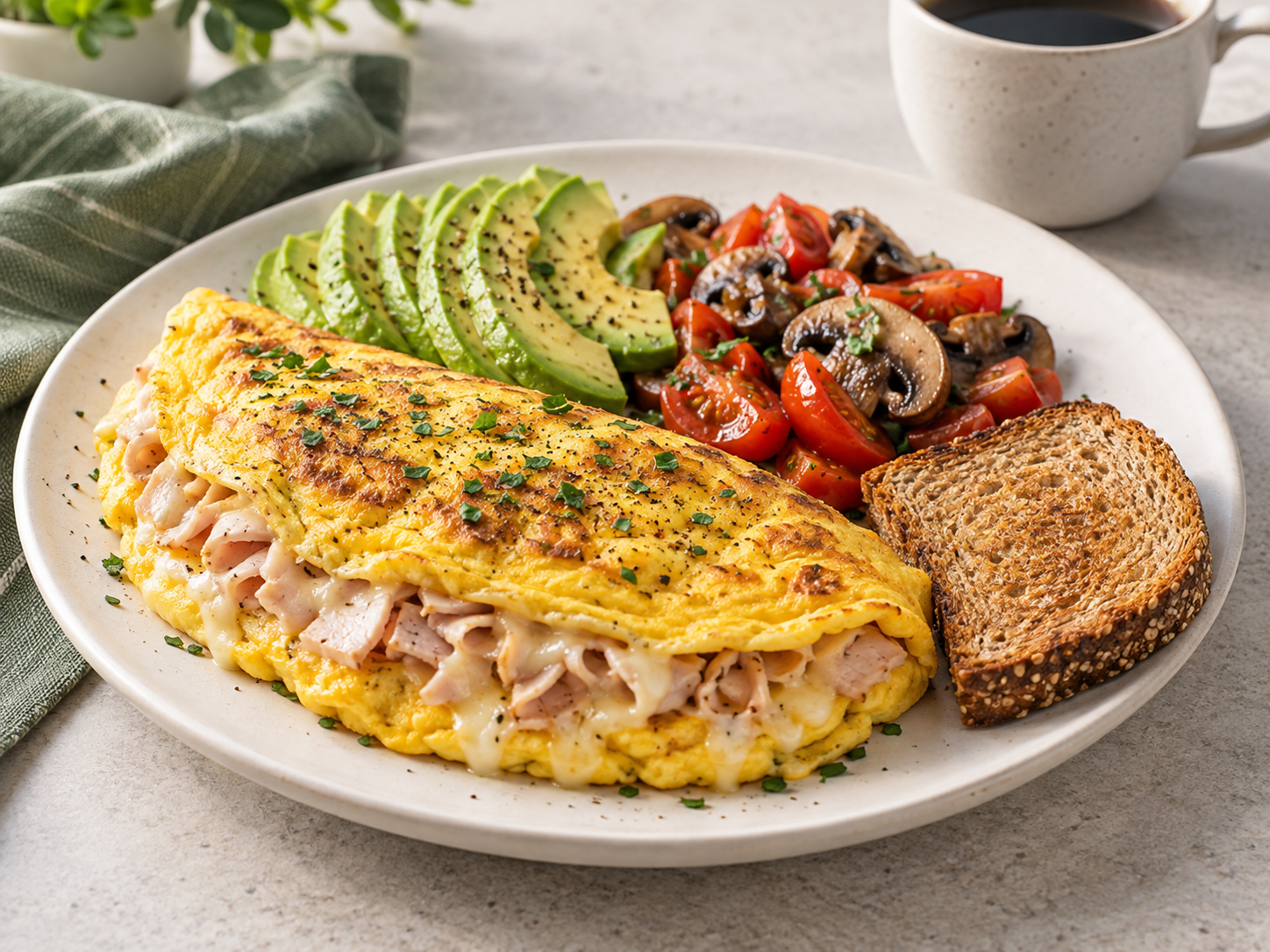 A large egg, turkey and cheese omelet with avocado, tomatoes, mushrooms and toast